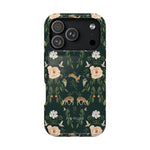 Forest iPhone case featuring floral and animal designs in green, with deer and birds among white flowers.