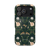 Forest iPhone case featuring floral and animal designs in green, with deer and birds among white flowers.