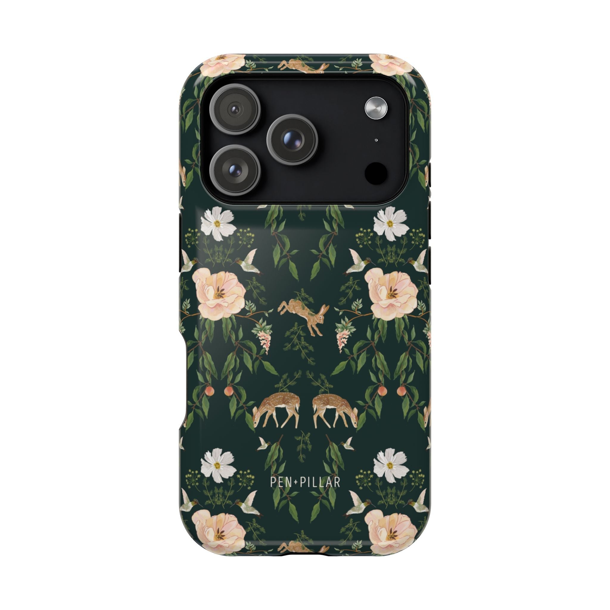 Forest iPhone case featuring floral and animal designs in green, with deer and birds among white flowers.