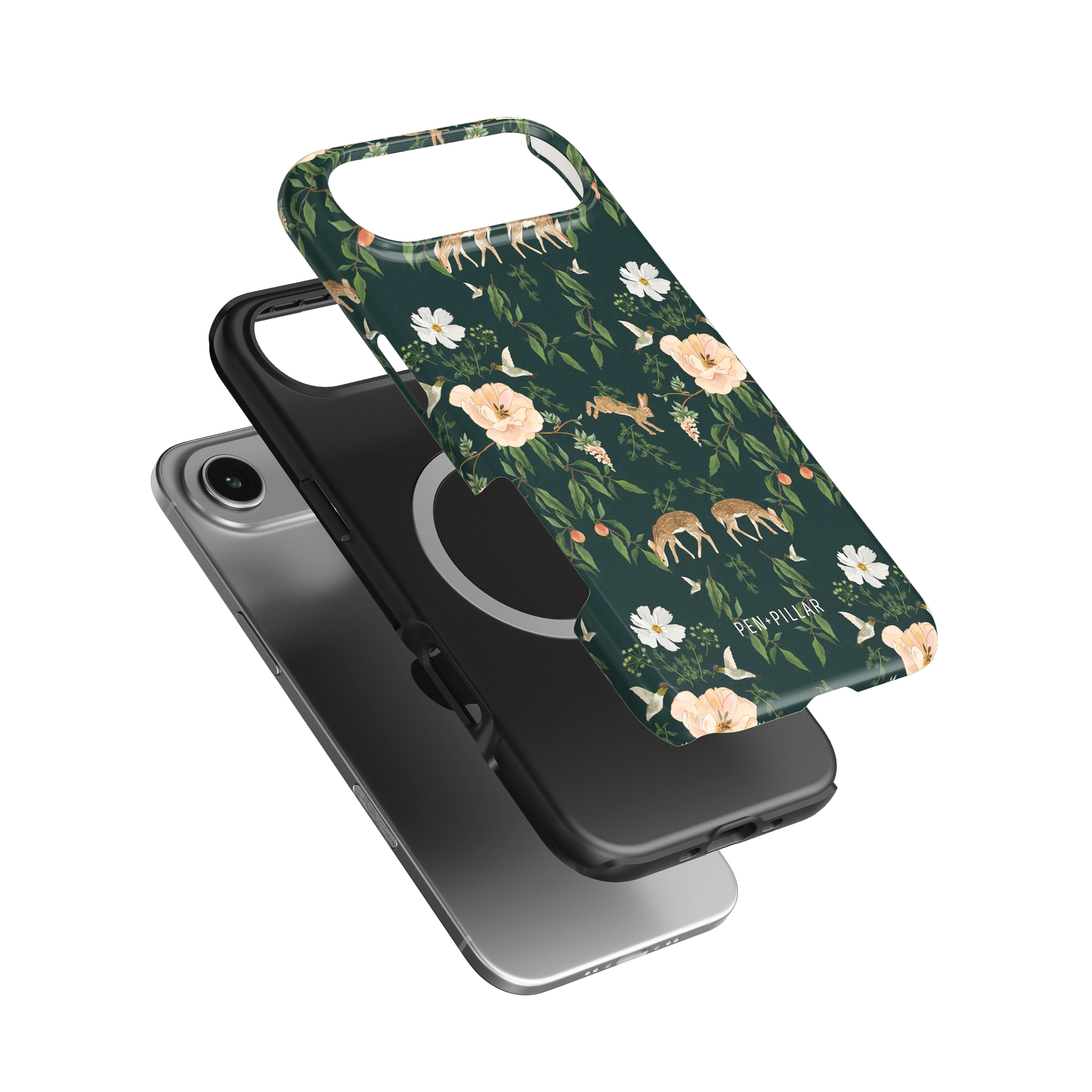 Forest iPhone case featuring a floral design with deer, flowers, and greenery on a dark green background.