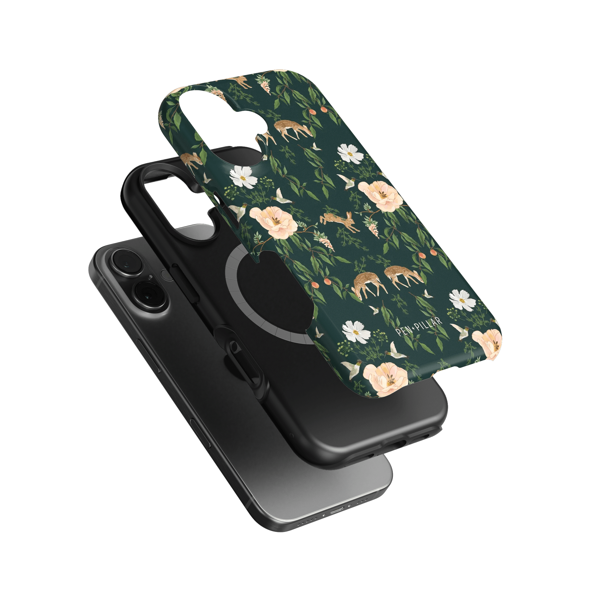Forest iPhone case featuring a floral design with deer on a dark green background, layered over a black phone case.