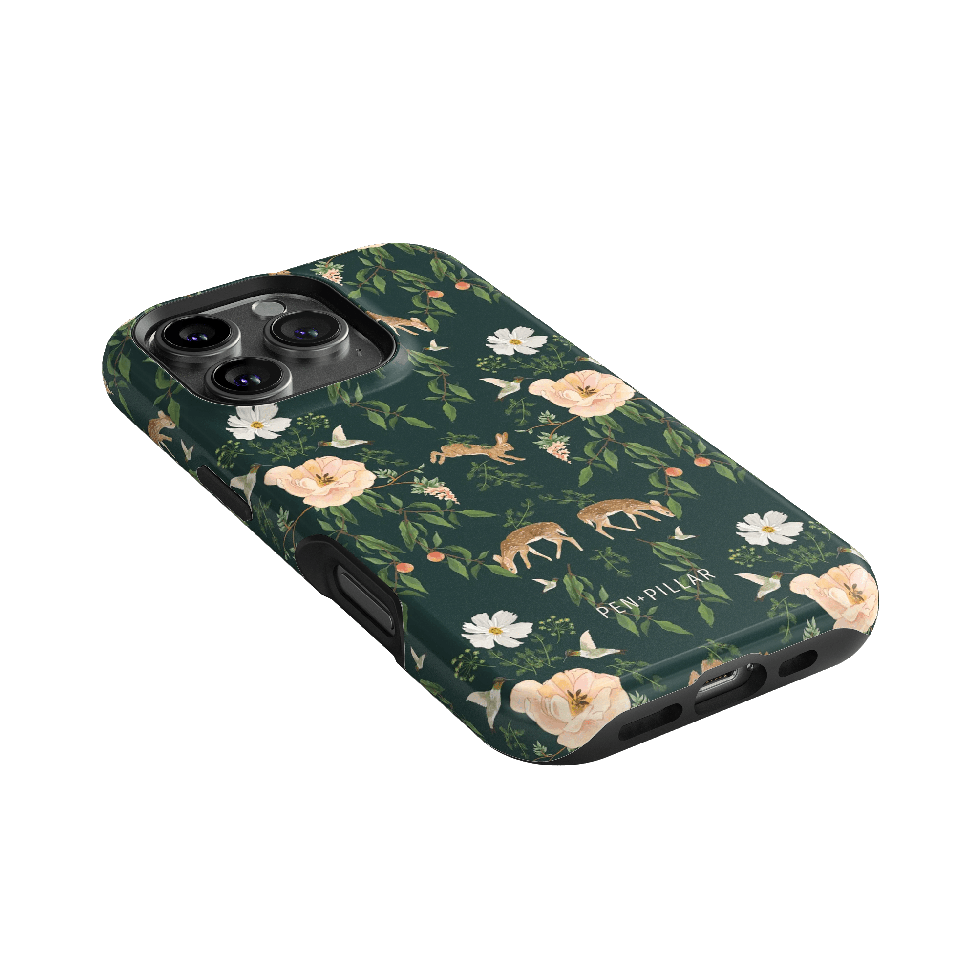 Forest iPhone case featuring a dark green background with floral patterns and deer illustrations.