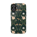 Forest iPhone case featuring a dark green background with floral and animal patterns, including deer and flowers.