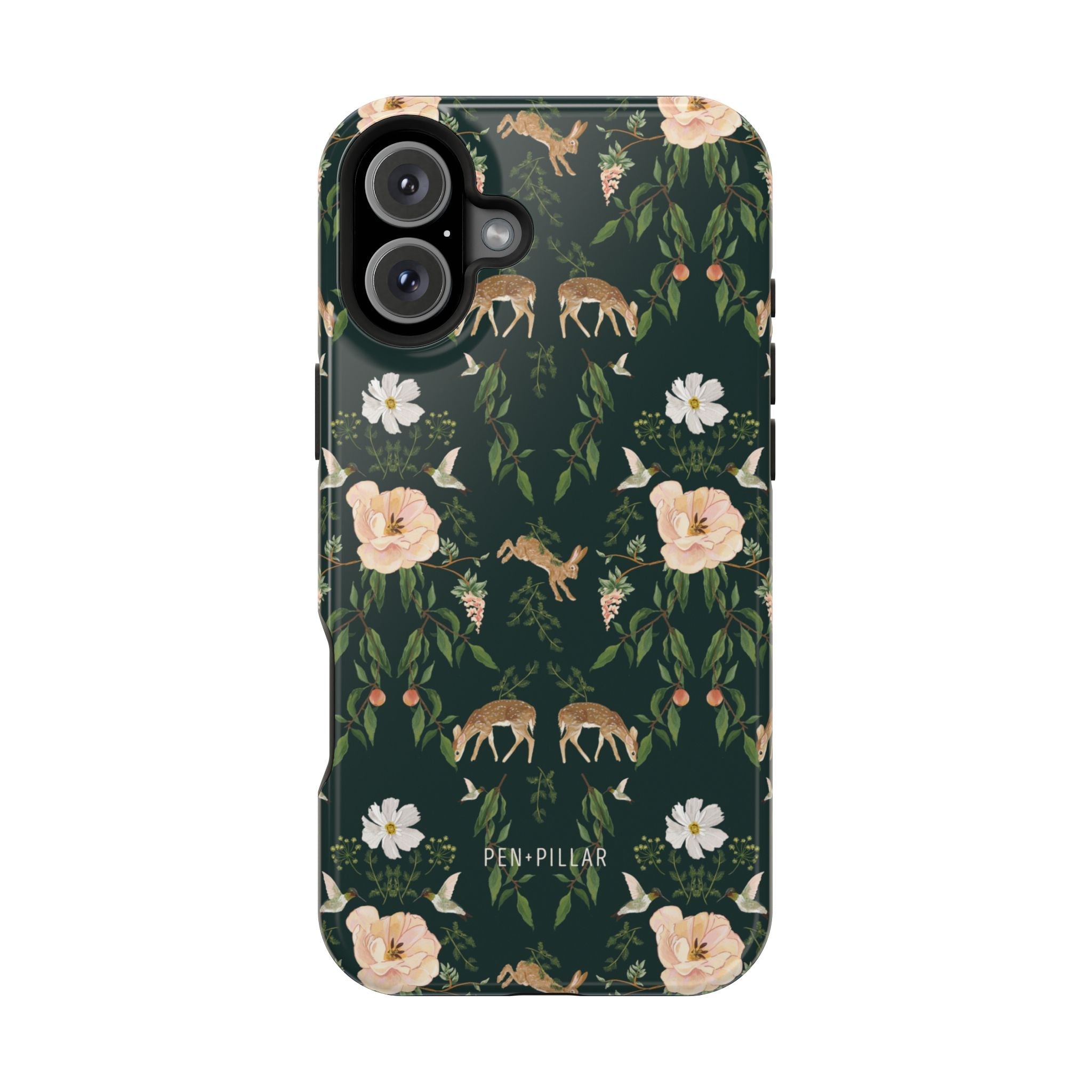 Forest iPhone case featuring a dark green background with floral and animal patterns, including deer and flowers.