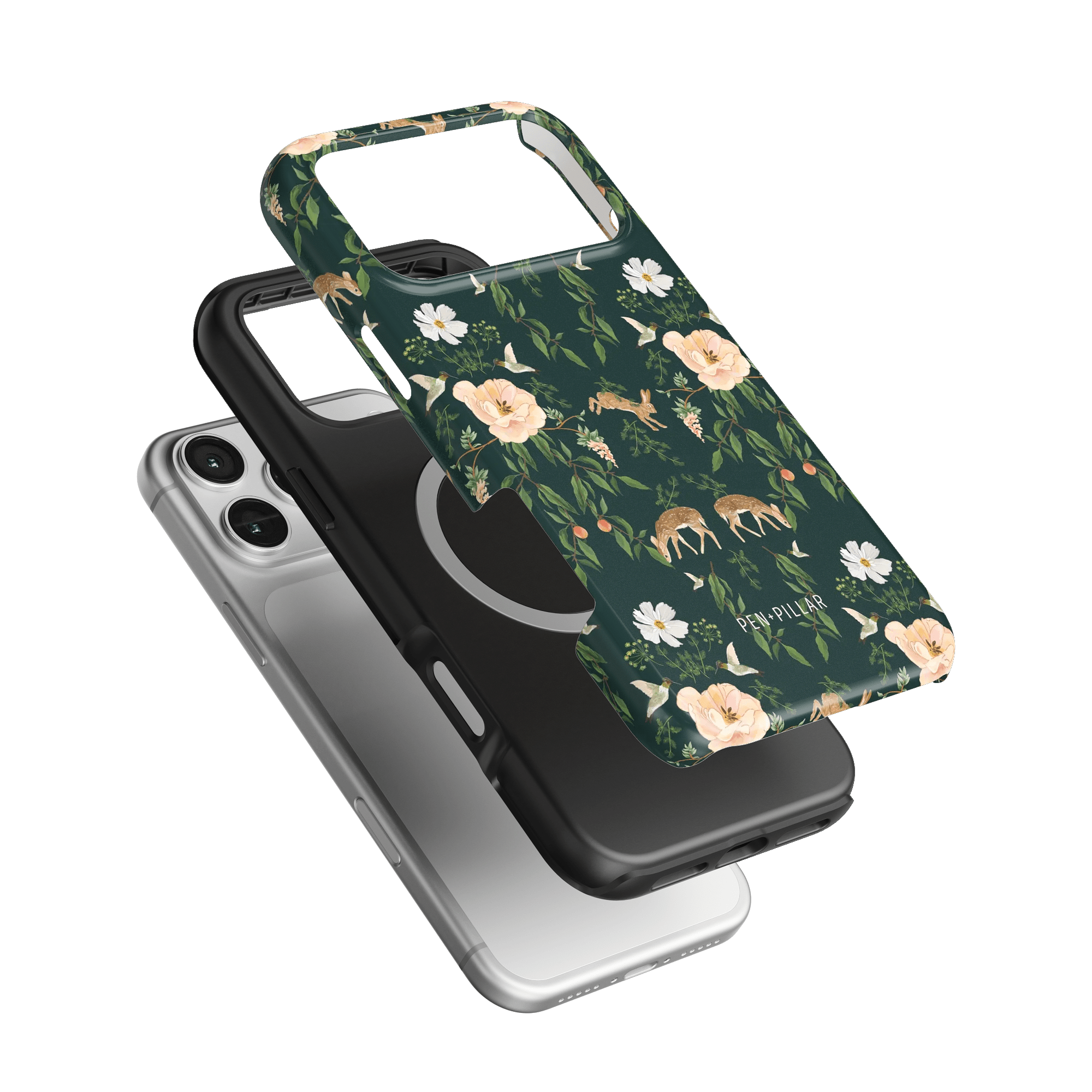 Forest iPhone case featuring floral and deer patterns on a dark green background, layered over two other phone cases.