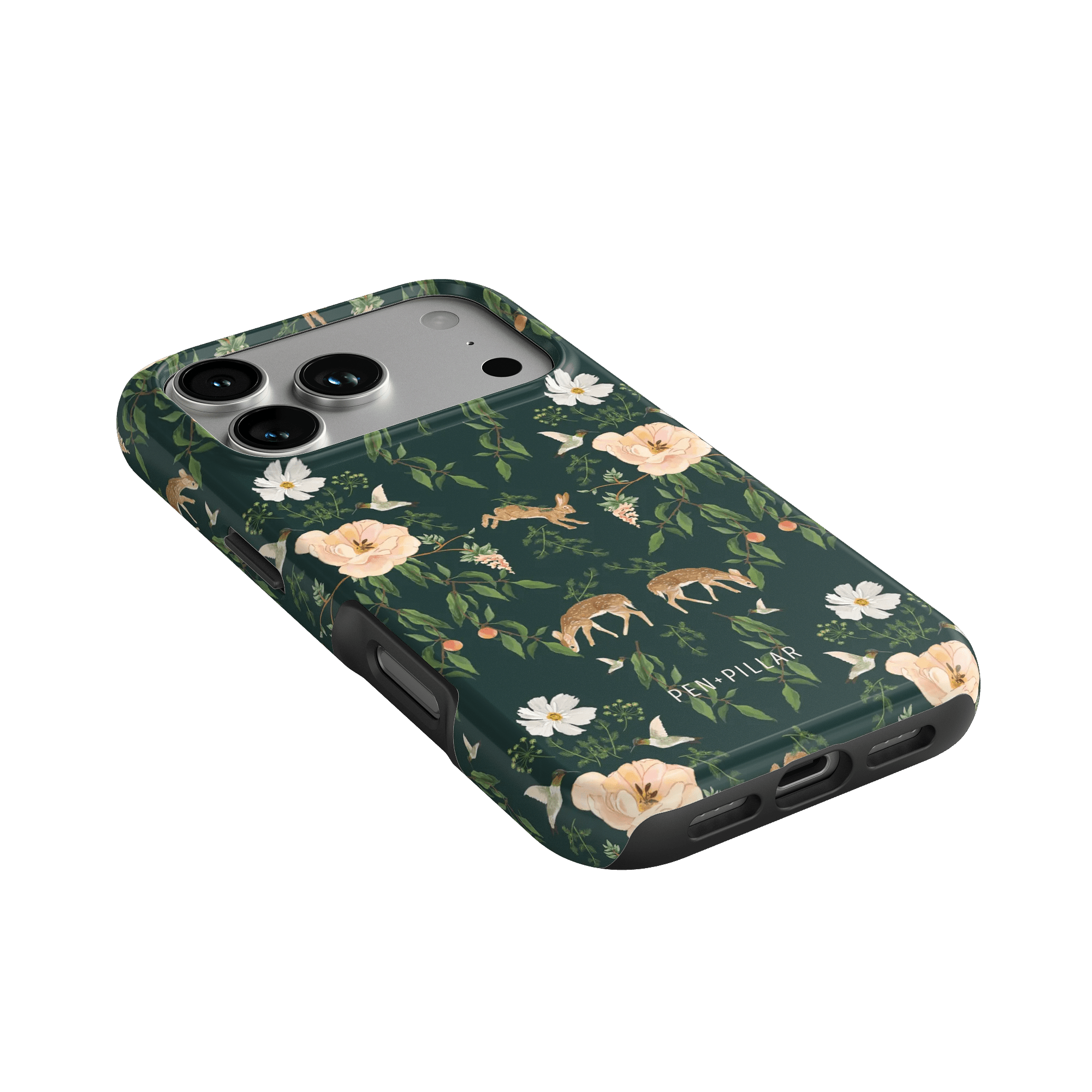 Forest iPhone case featuring floral and deer patterns on a dark green background, angled view showing buttons and ports.