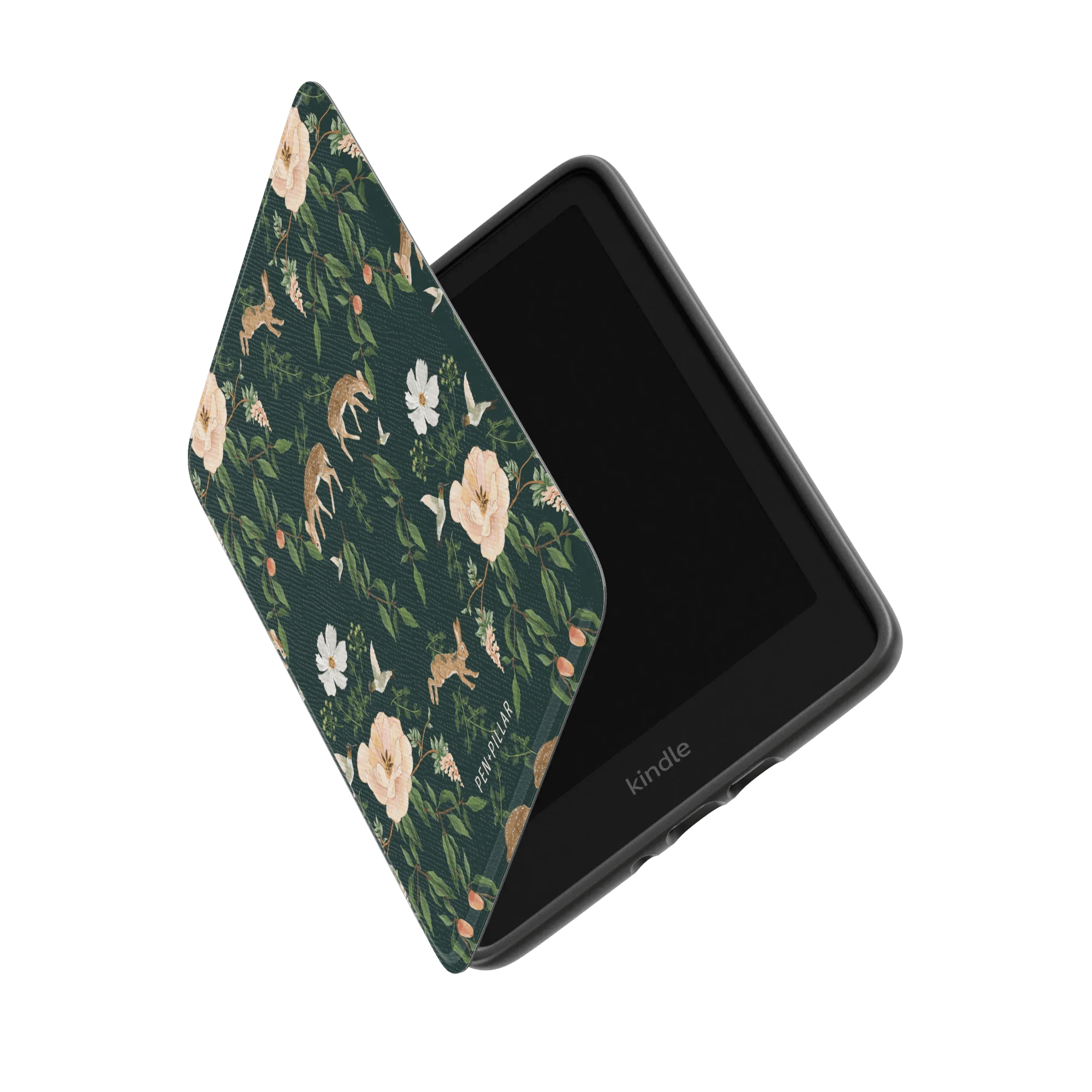 Forest Kindle case featuring a floral and animal design in green, with an open view showing the screen.