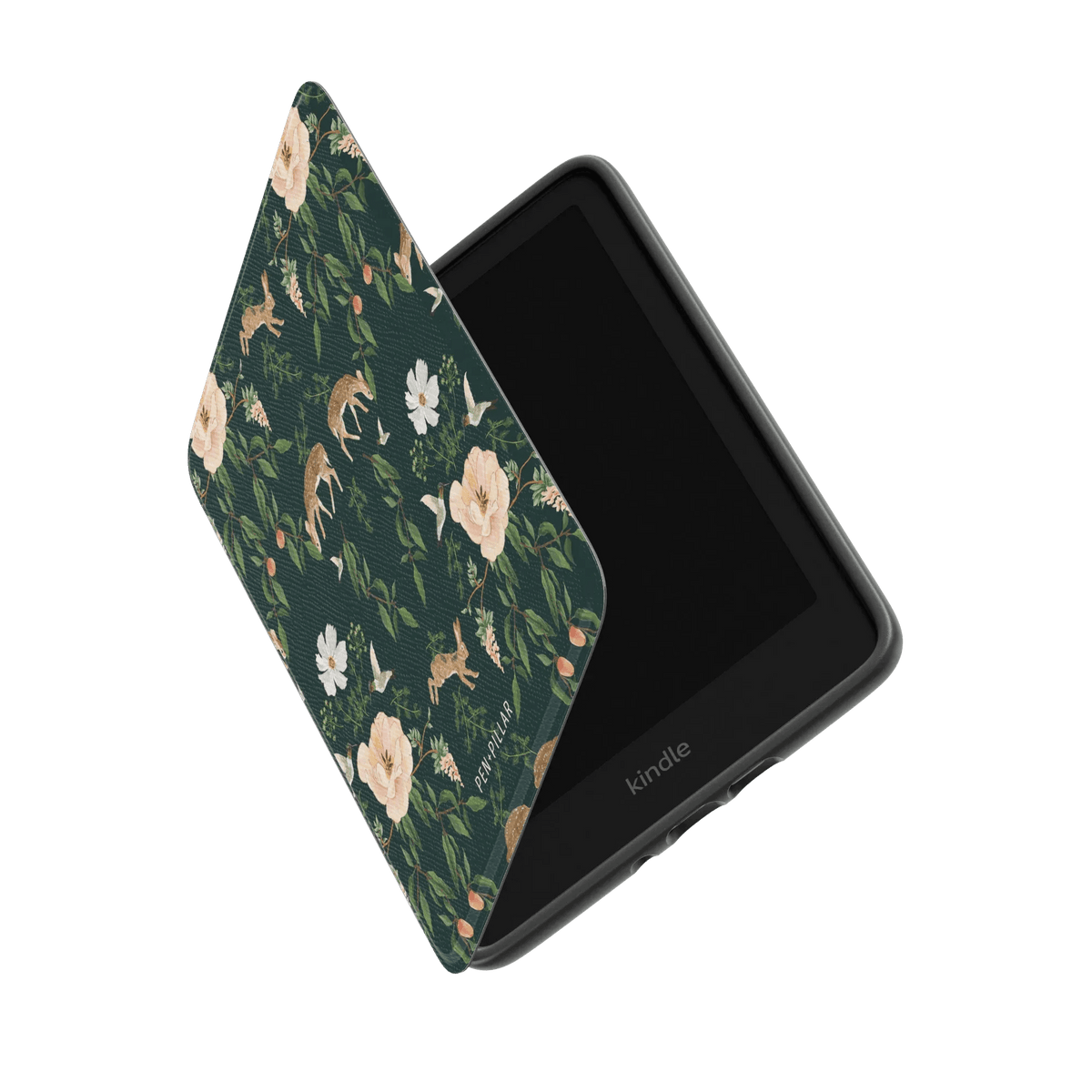 Forest Kindle case featuring a floral and animal design in green, with an open view showing the screen.