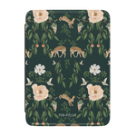 Forest Kindle case featuring floral and animal designs in green, with deer, flowers, and butterflies.