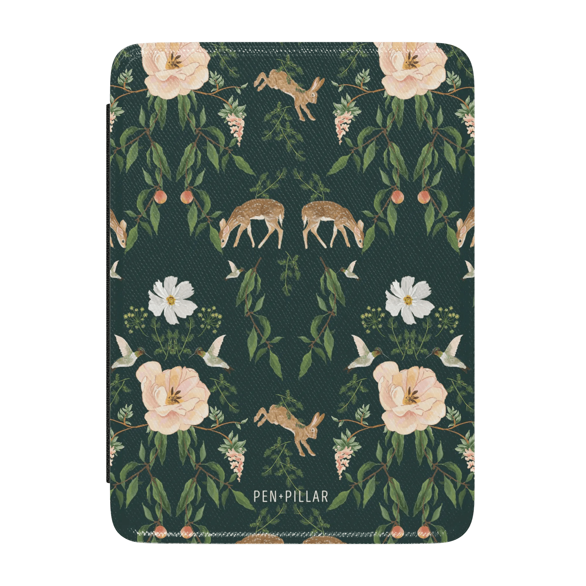 Forest Kindle case featuring floral and animal designs in green, with deer, flowers, and butterflies.