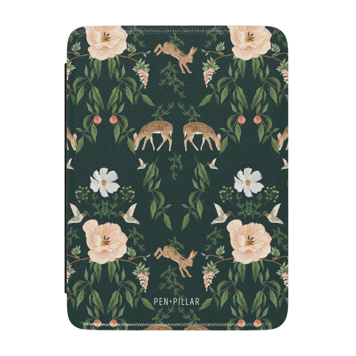 Forest Kindle case featuring floral and animal designs in green, with deer, flowers, and butterflies.