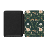 Forest Kindle case featuring a dark green floral design with deer and flowers on the front cover.