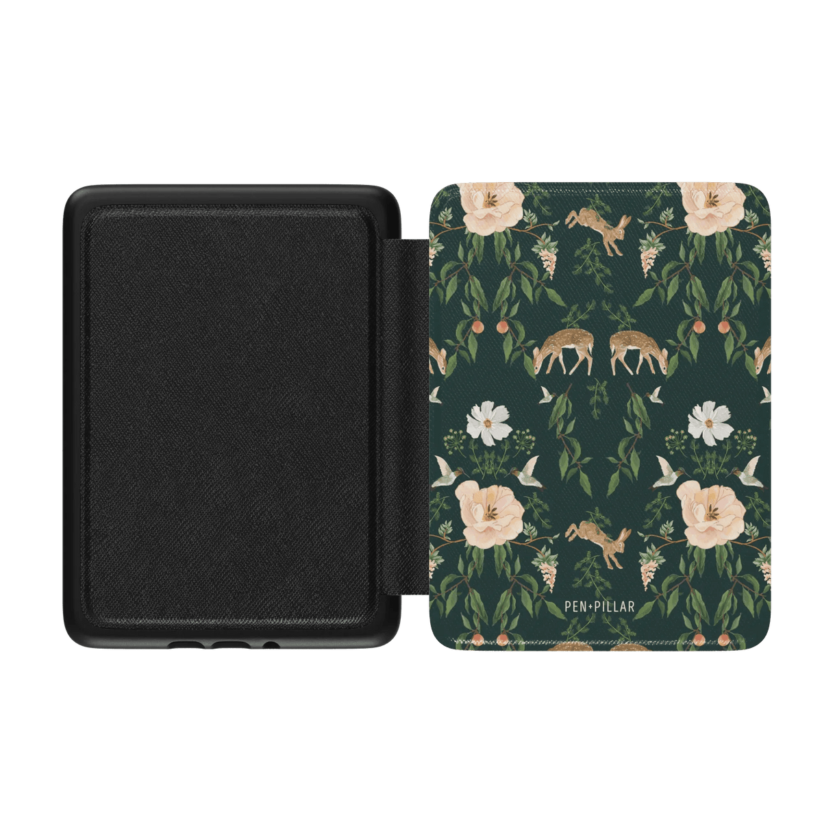 Forest Kindle case featuring a dark green floral design with deer and flowers on the front cover.