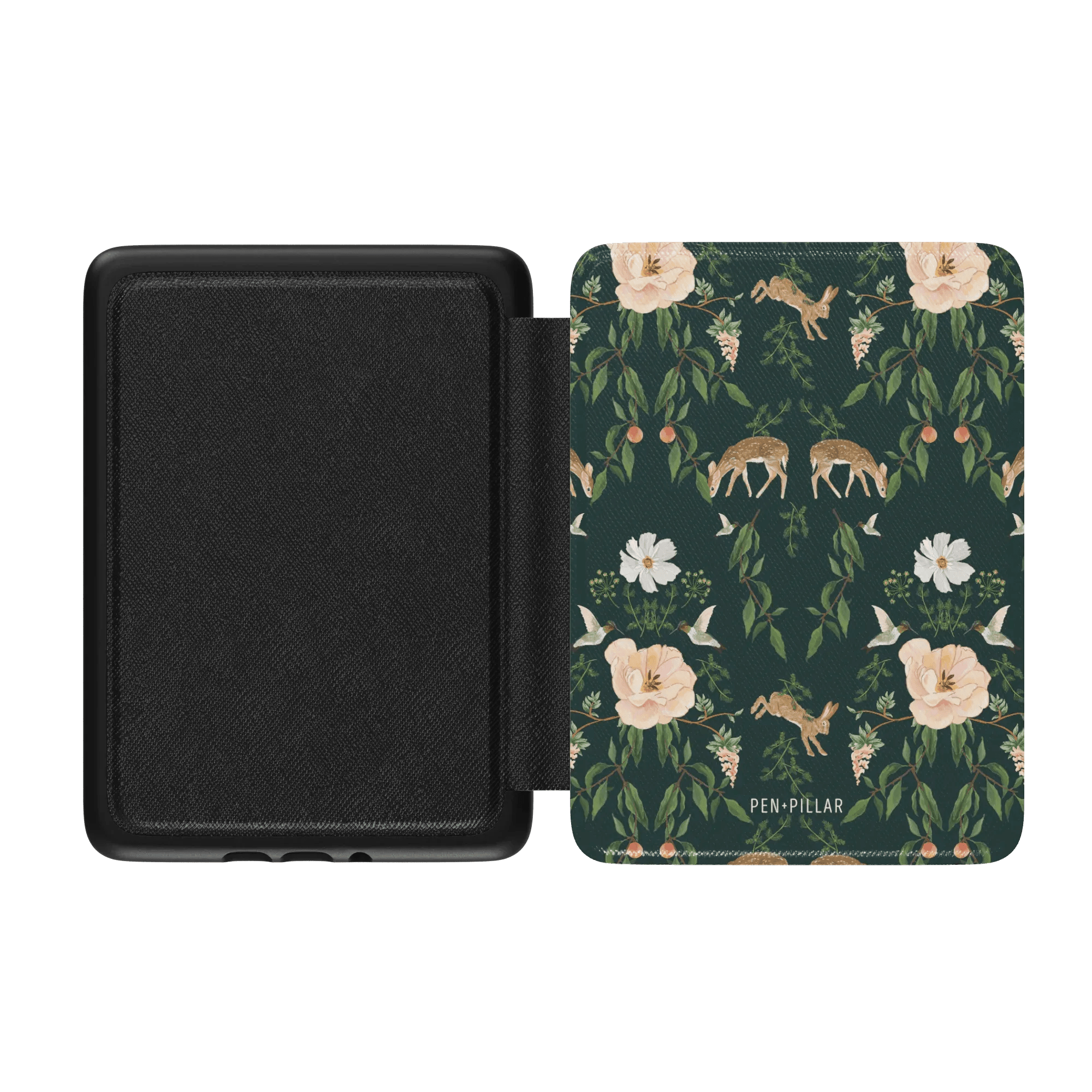 Forest Kindle case featuring a dark green floral design with deer and flowers on the front cover.