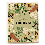 Fox birthday card featuring floral designs, birds, and the text "Happy Birthday" on a light green background.