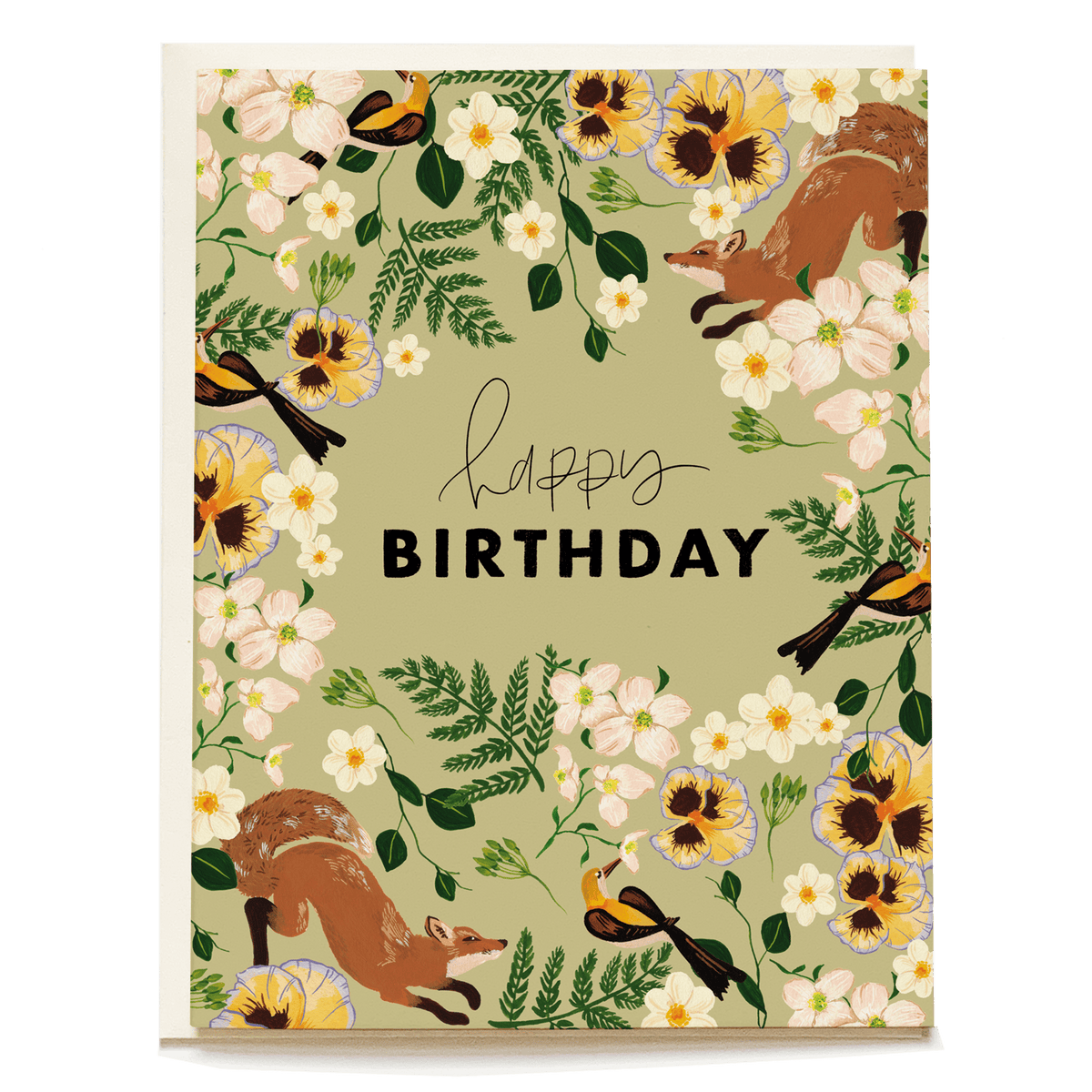 Fox birthday card featuring floral designs, birds, and the text "Happy Birthday" on a light green background.
