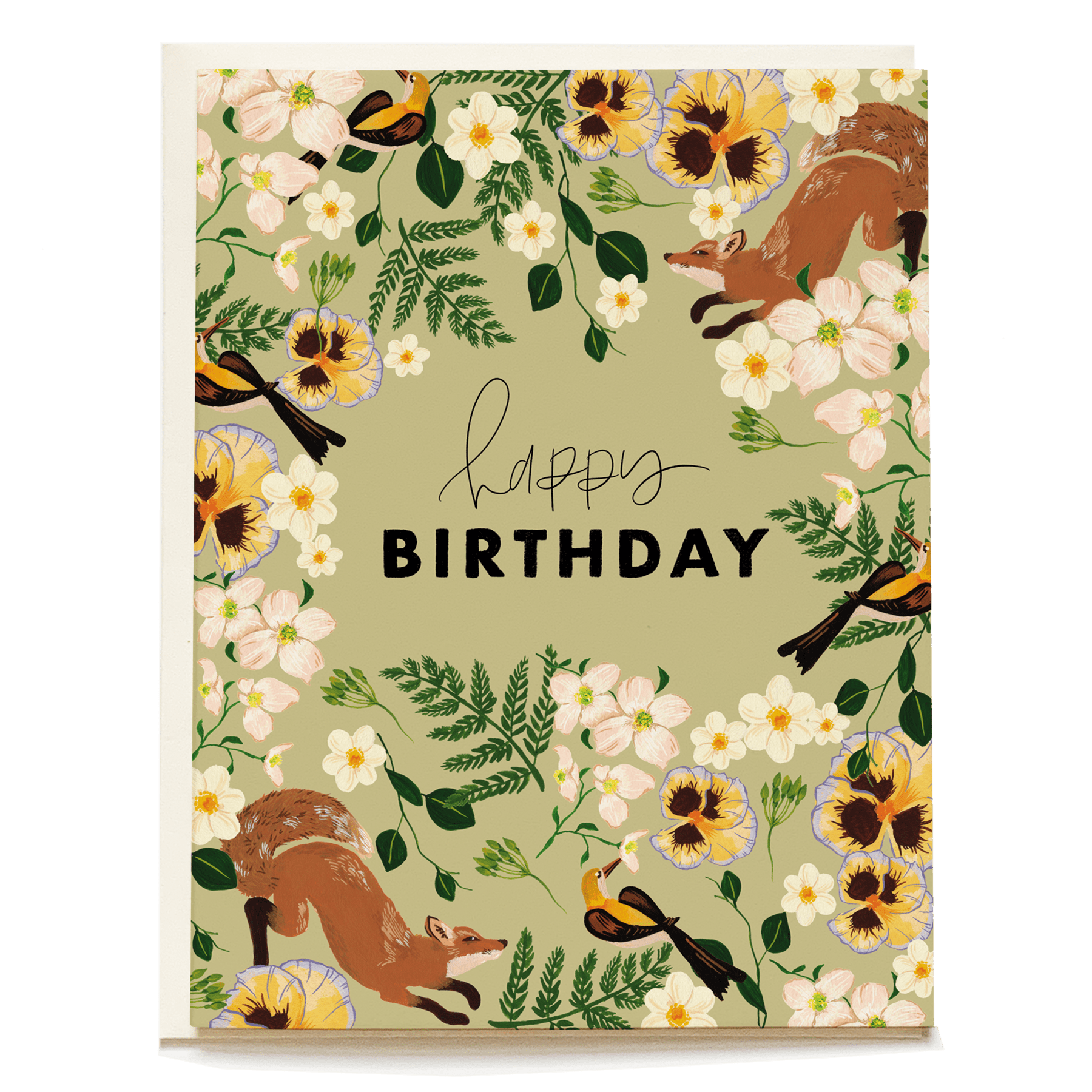 Fox birthday card featuring floral designs, birds, and the text "Happy Birthday" on a light green background.