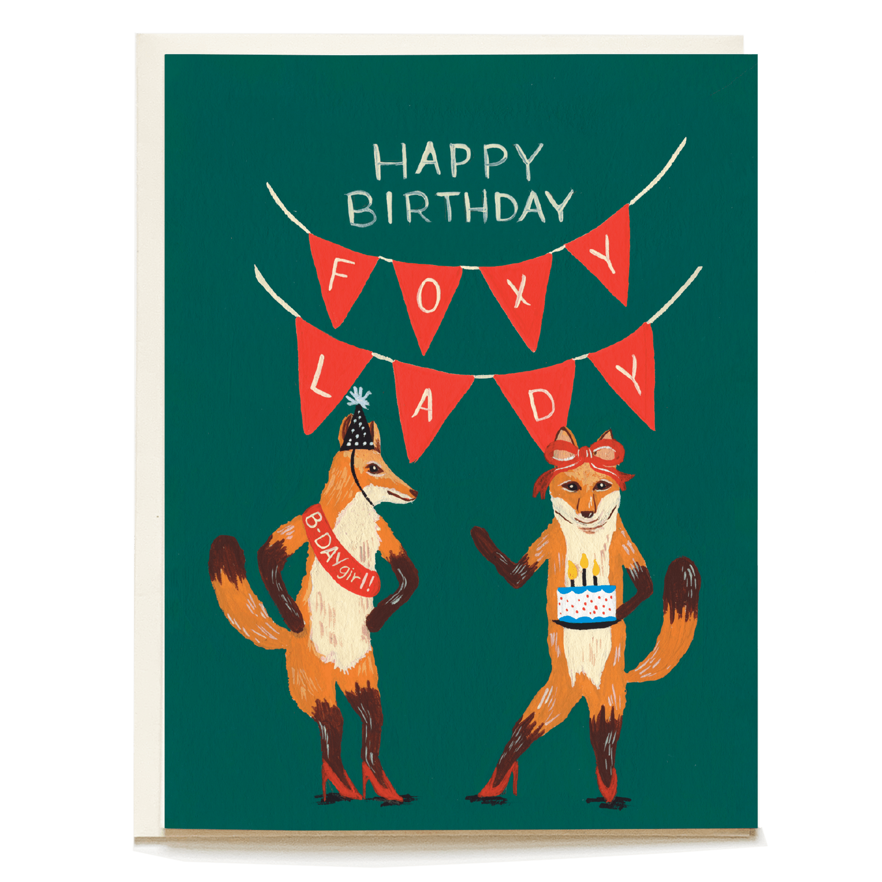 Foxy lady birthday card featuring two illustrated foxes with a birthday banner and festive accessories on a green background.