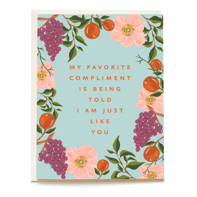 Fruit Garden Mother's Day card featuring floral and fruit illustrations with the text "My favorite compliment is being tol...