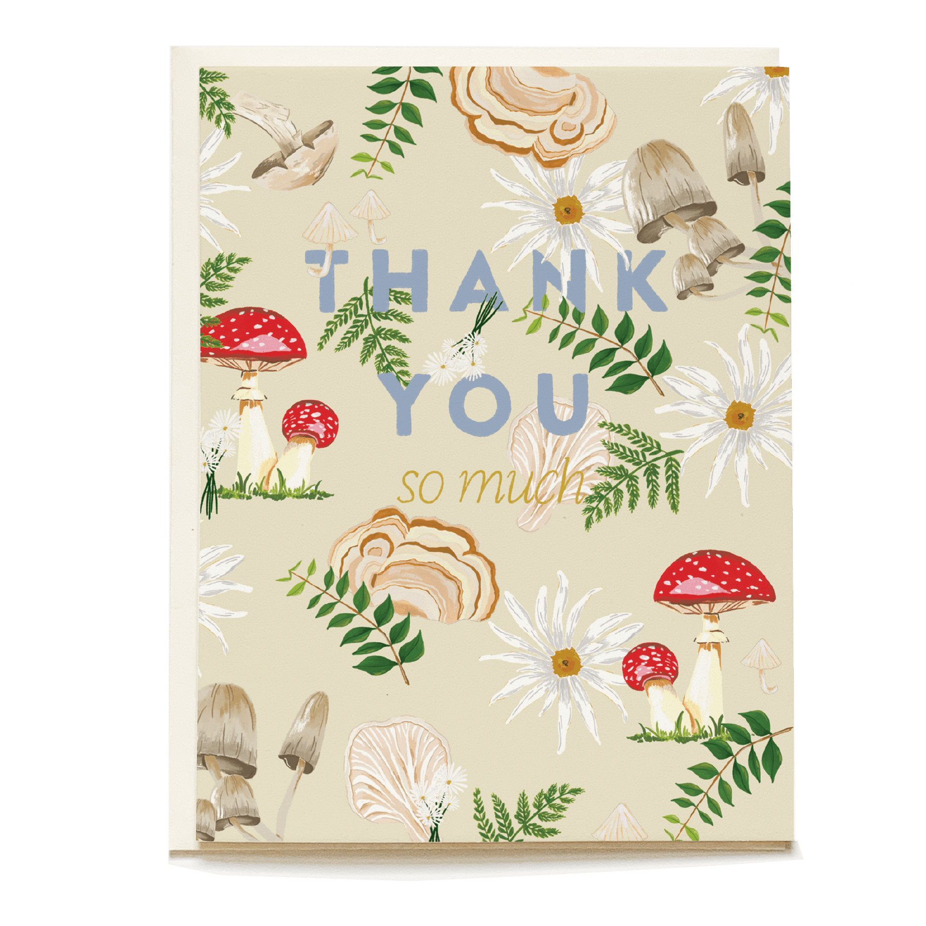 Fungi thank you card featuring colorful mushrooms and daisies on a beige background with "Thank You so much" text.