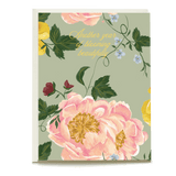 Garden rose birthday card featuring pink and yellow flowers on a green background with the text "Another year of blooming ...