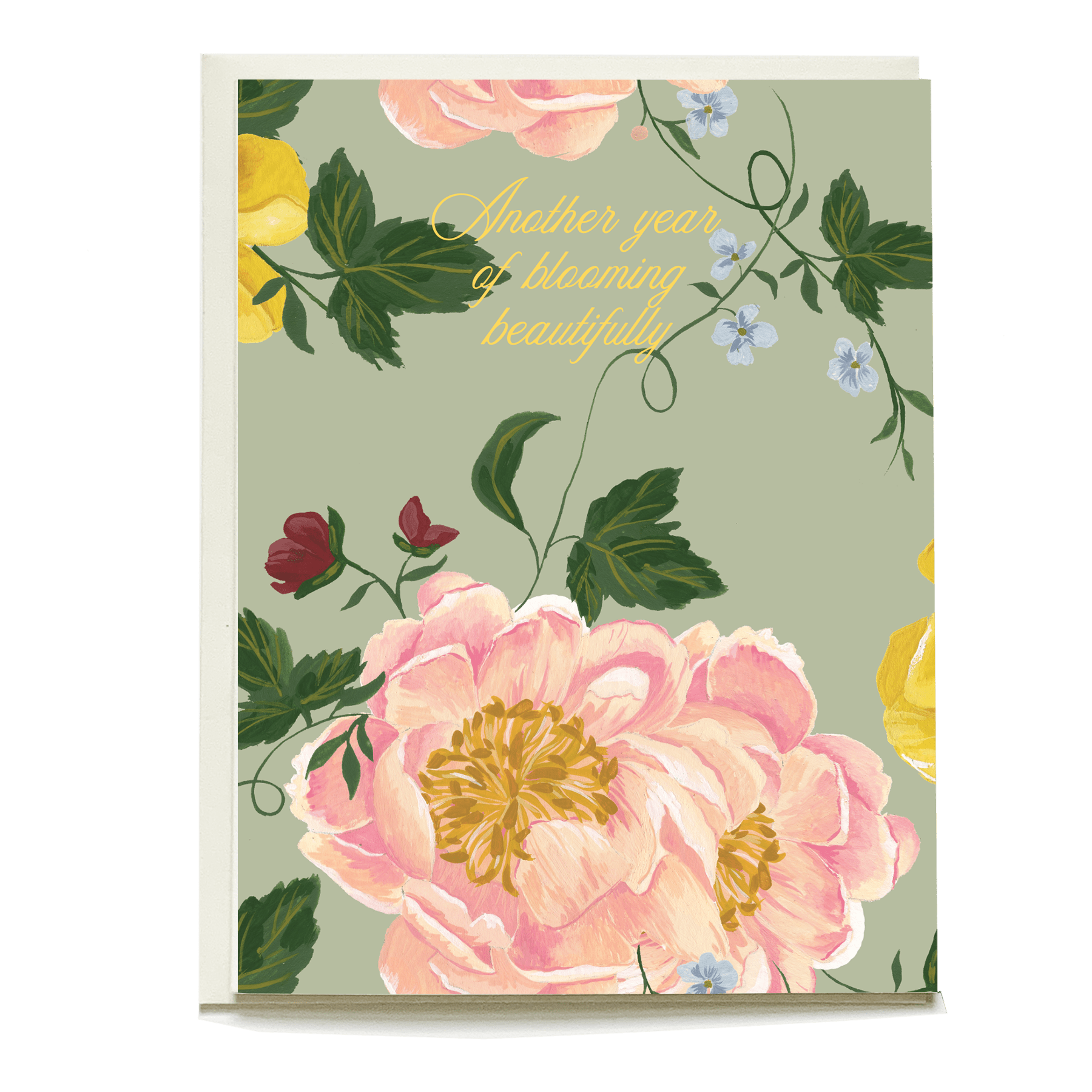 Garden rose birthday card featuring pink and yellow flowers on a green background with the text "Another year of blooming ...