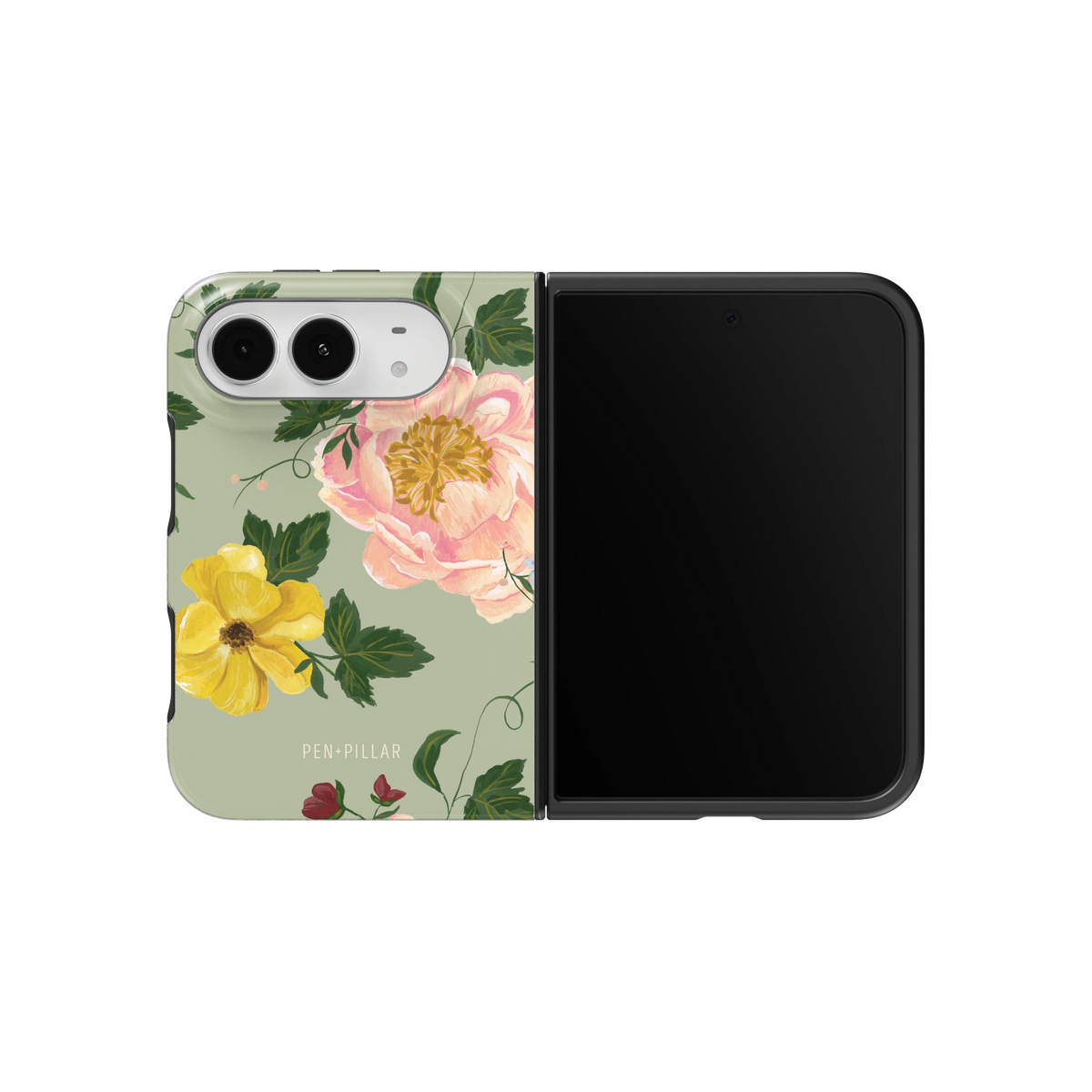 Garden Rose iPhone 18 Duo case on an unfolded iPhone 18 Duo, back and screen side by side: large pink roses and yellow blooms on sage