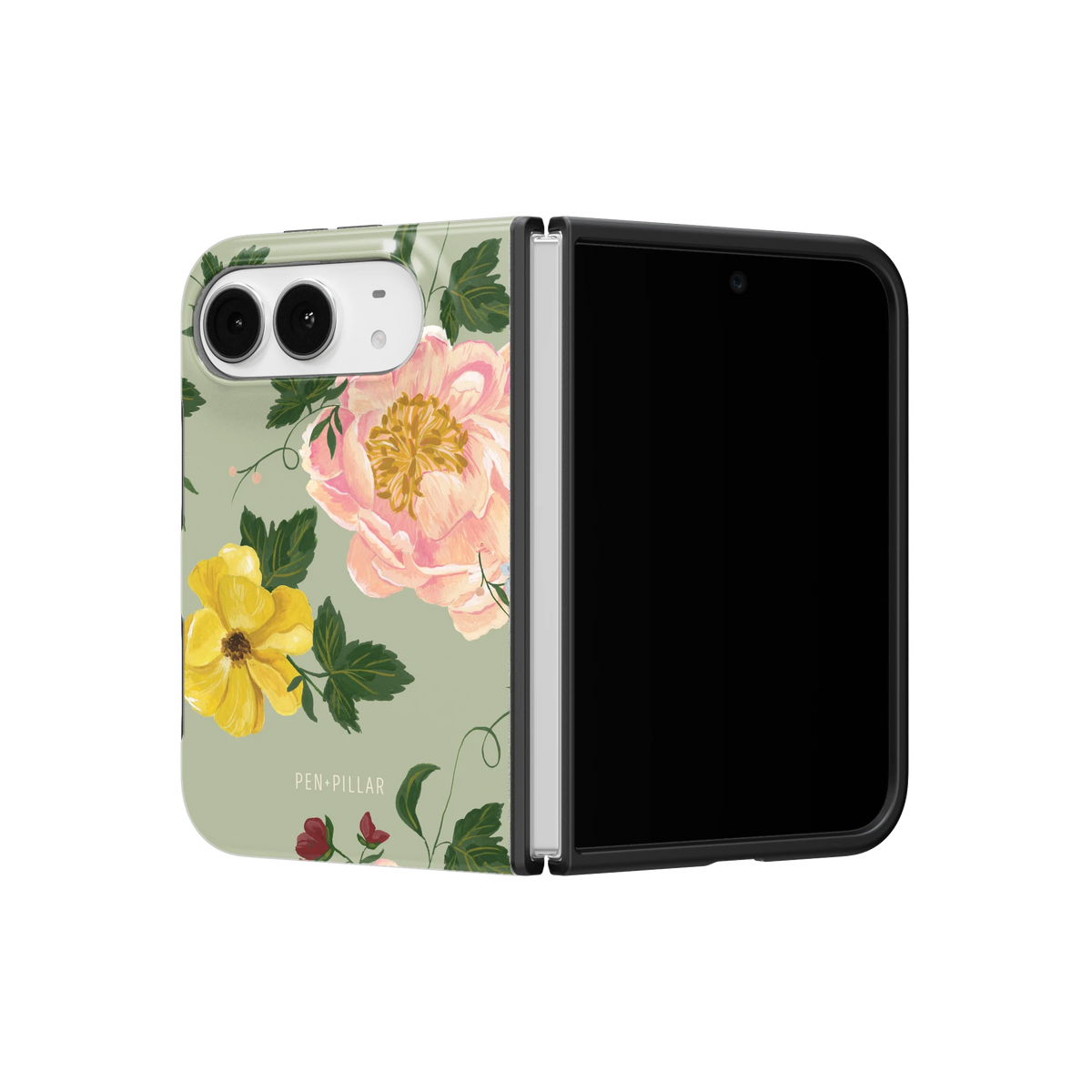 Garden Rose iPhone 18 Duo case on a half-open iPhone 18 Duo, angled view