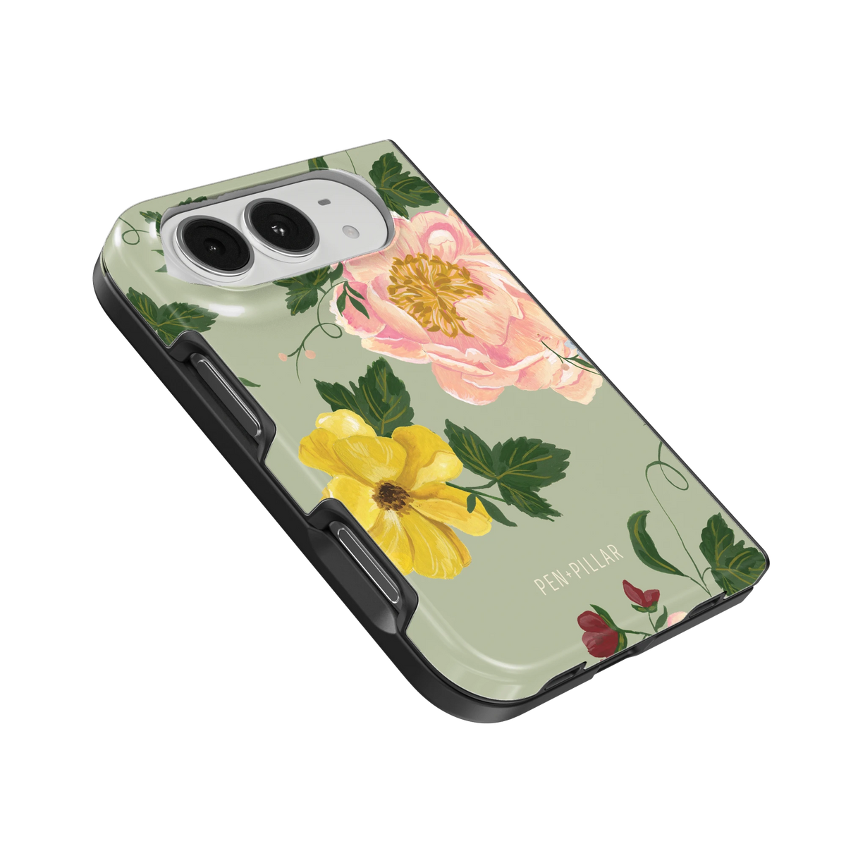Garden Rose iPhone 18 Duo case, angled view showing the camera surround and side buttons