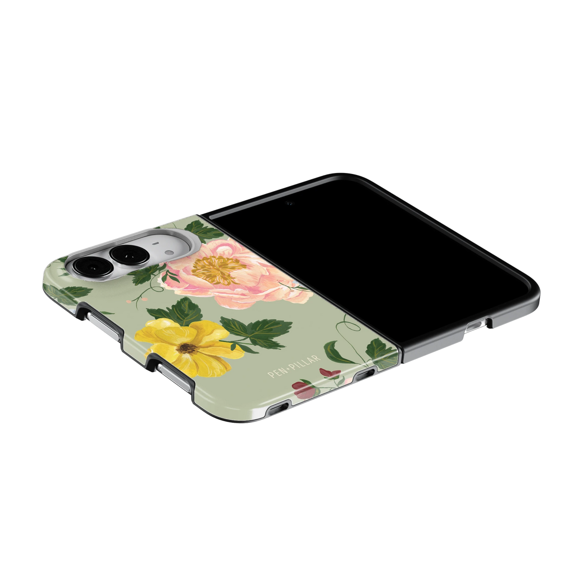 Garden Rose iPhone 18 Duo case on an iPhone 18 Duo lying flat, unfolded