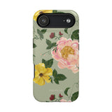 Garden Rose iPhone case featuring pink and yellow flowers on a green background with leafy accents.