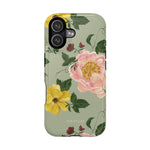 Garden rose iPhone case featuring pink and yellow flowers on a green background with leafy accents.