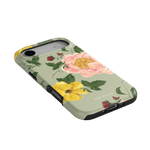 Garden Rose iPhone case featuring pink and yellow floral designs on a light green background.