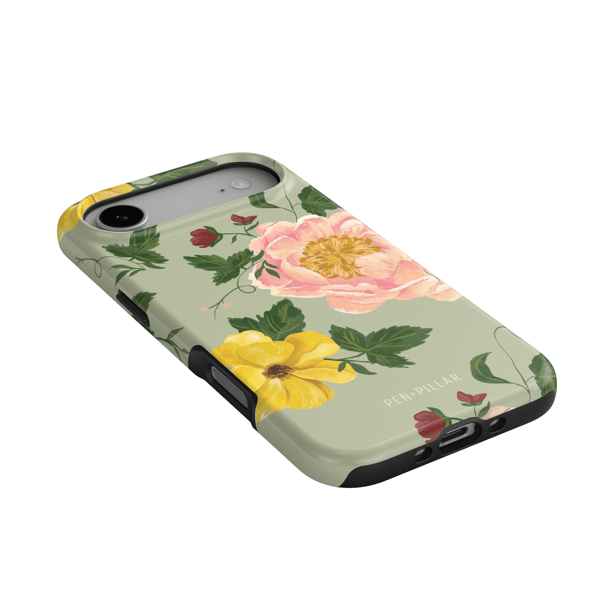Garden Rose iPhone case featuring pink and yellow floral designs on a light green background.