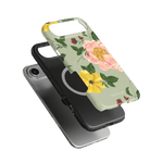 Garden Rose iPhone case featuring a floral design with pink and yellow roses on a light green background.