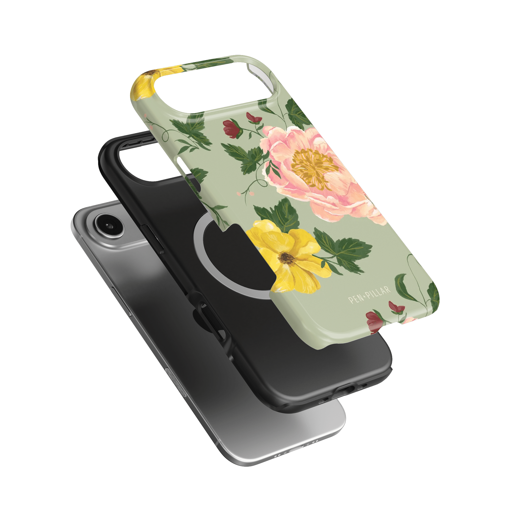 Garden Rose iPhone case featuring a floral design with pink and yellow roses on a light green background.