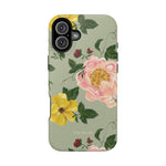 Garden Rose iPhone case featuring pink and yellow floral designs on a green background.
