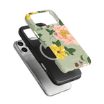 Garden Rose iPhone case featuring a floral design with pink and yellow roses on a light green background.