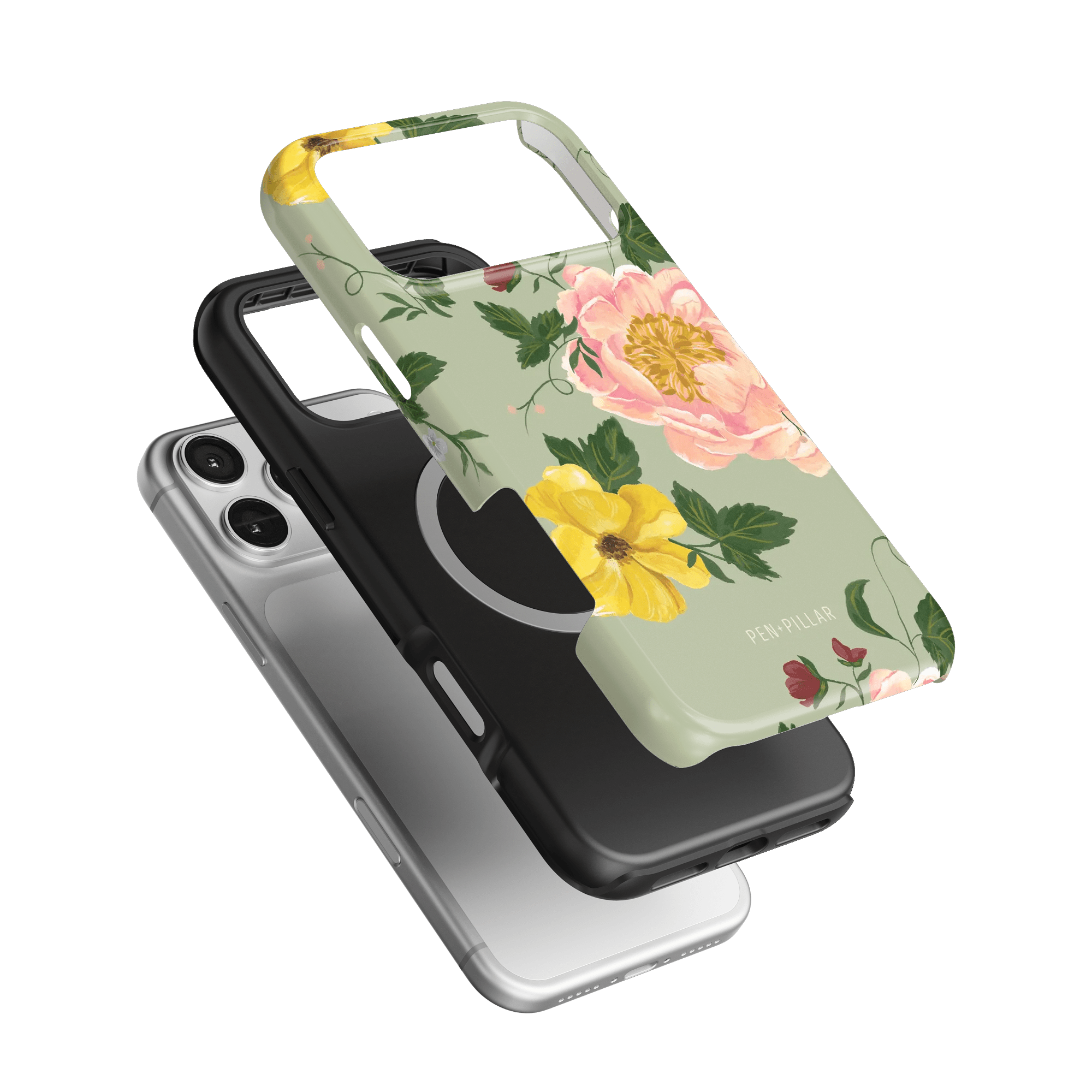 Garden Rose iPhone case featuring a floral design with pink and yellow roses on a light green background.