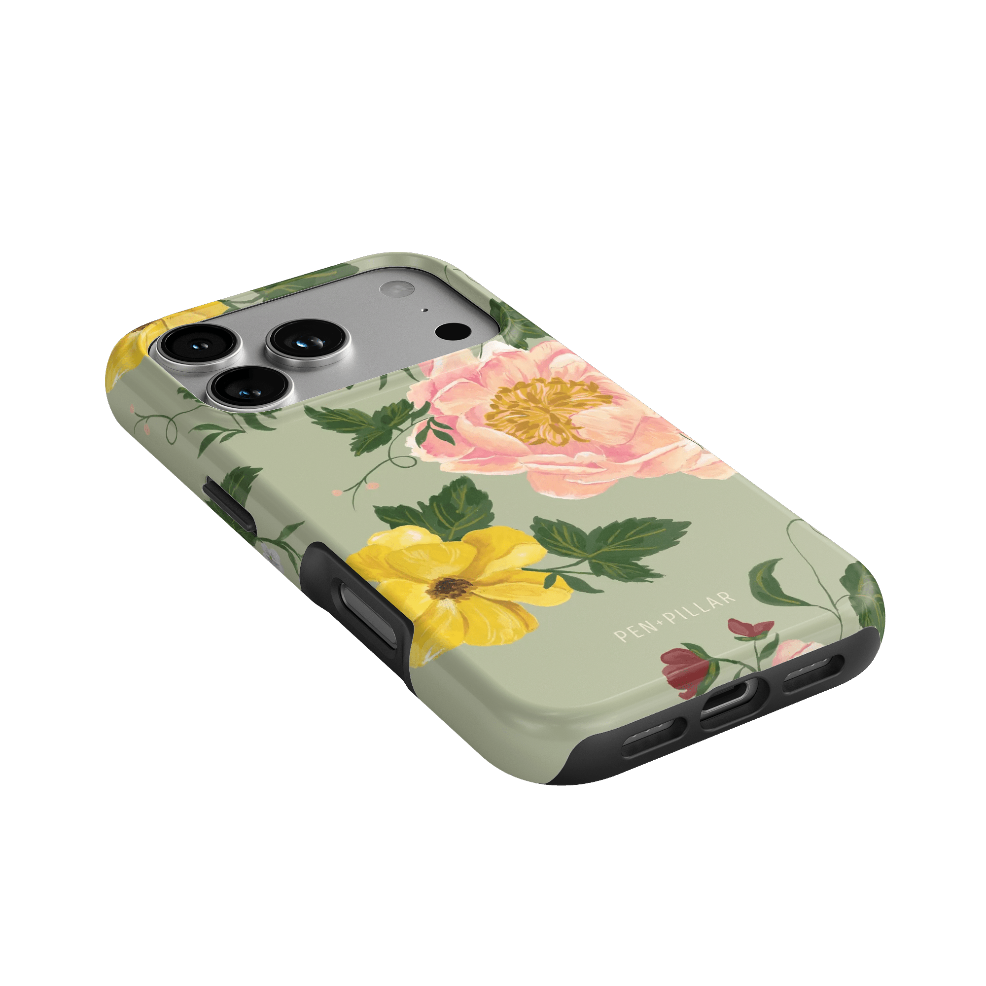 Garden Rose iPhone case featuring pink and yellow floral designs on a light green background, angled view showing ports.