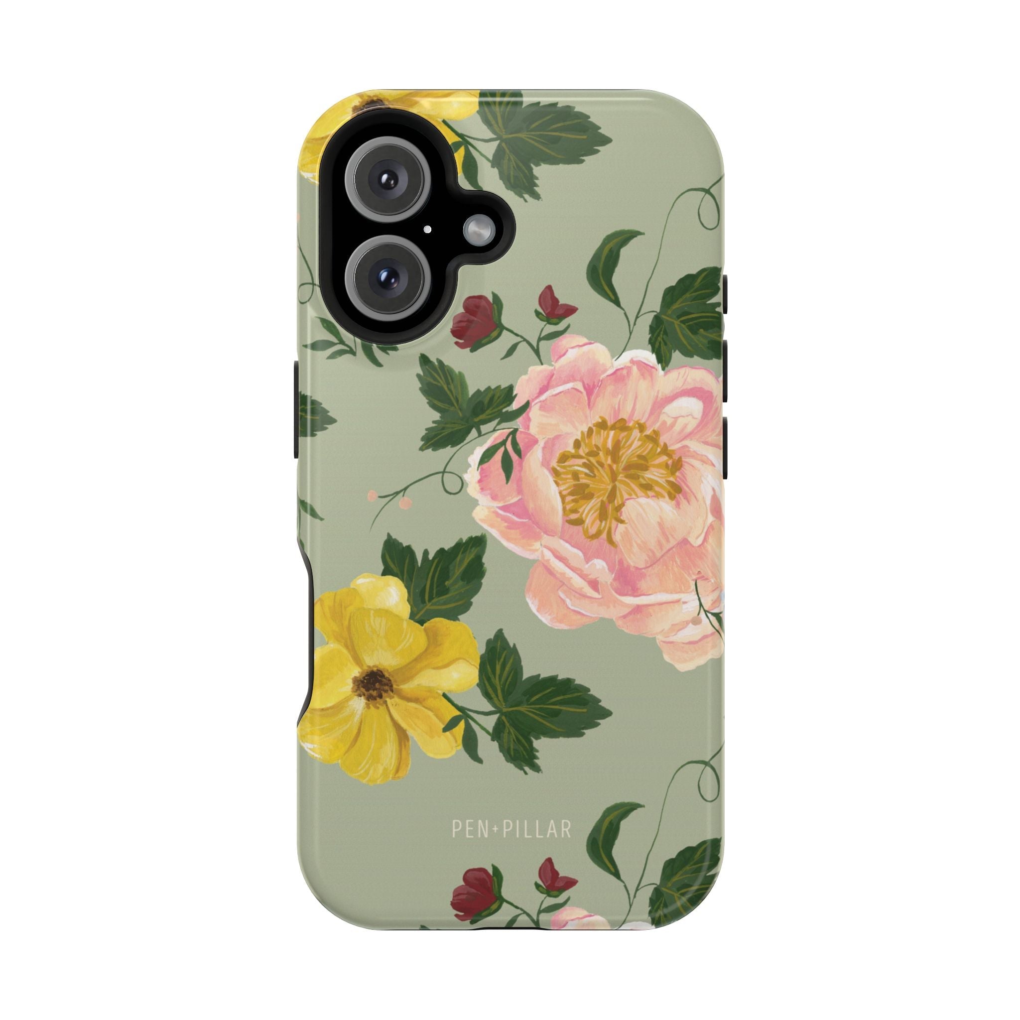 Garden Rose iPhone case featuring pink and yellow flowers on a green background with leaf patterns.