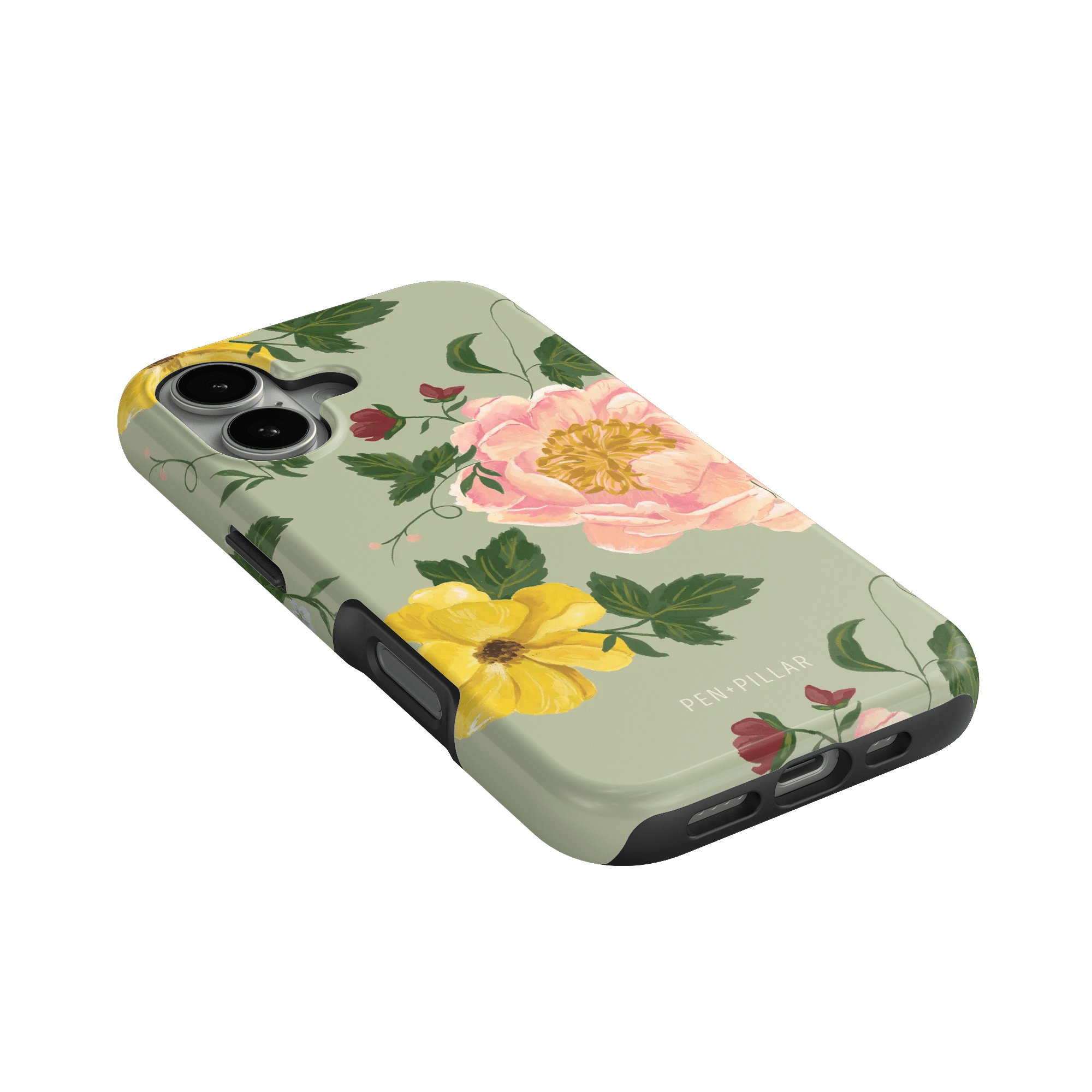 Garden Rose iPhone case featuring pink and yellow floral designs on a light green background, angled for display.
