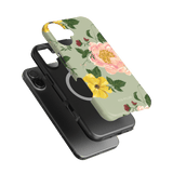 Garden Rose iPhone case featuring a floral design with pink and yellow roses on a light green background.