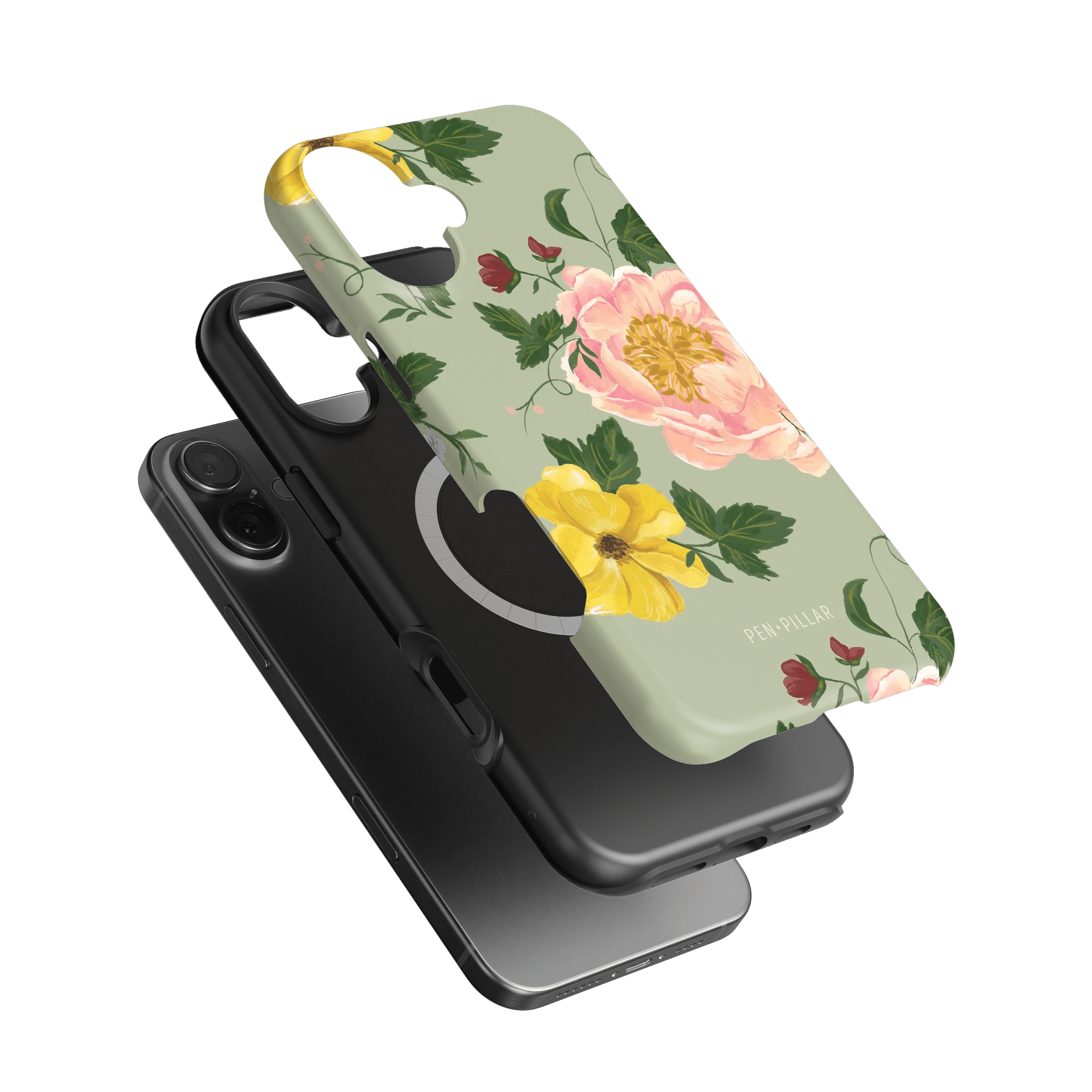 Garden Rose iPhone case featuring a floral design with pink and yellow roses on a light green background.