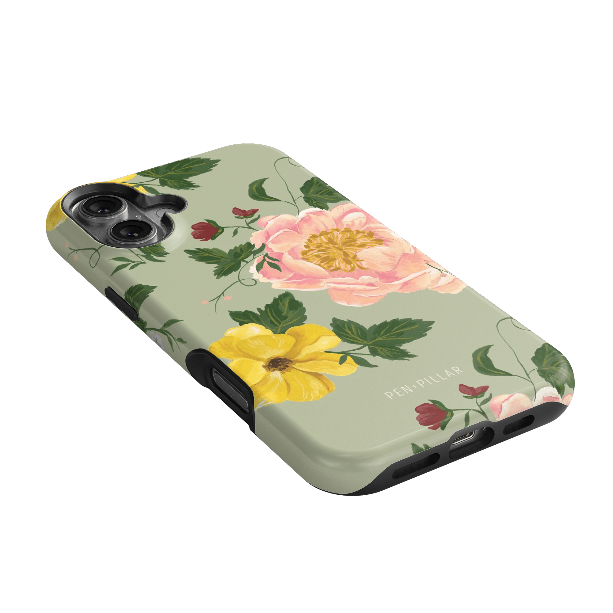 Garden Rose iPhone case featuring pink and yellow floral designs on a light green background.