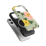 Garden Rose iPhone case featuring a floral design with pink and yellow roses on a light green background.