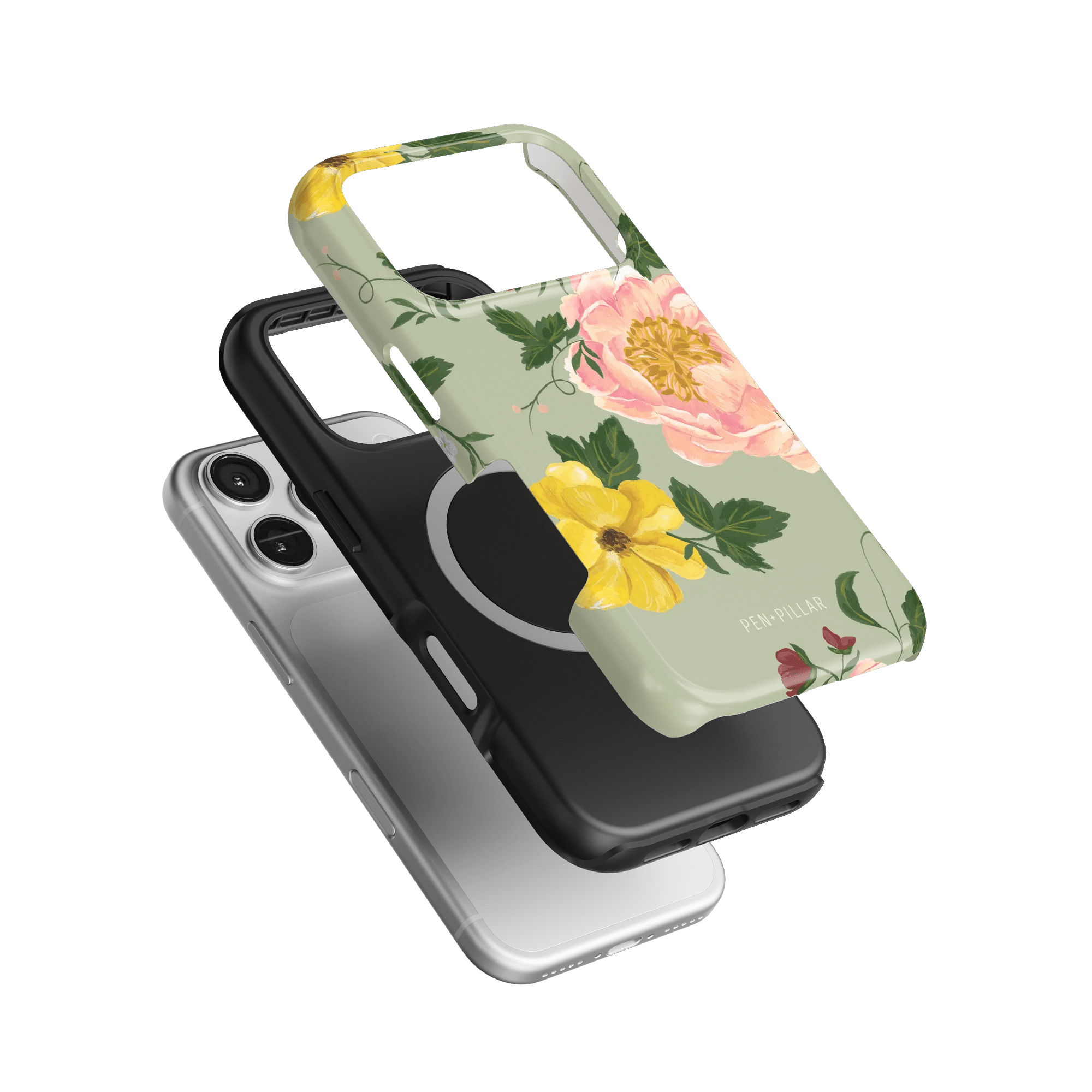 Garden Rose iPhone case featuring a floral design with pink and yellow roses on a light green background.