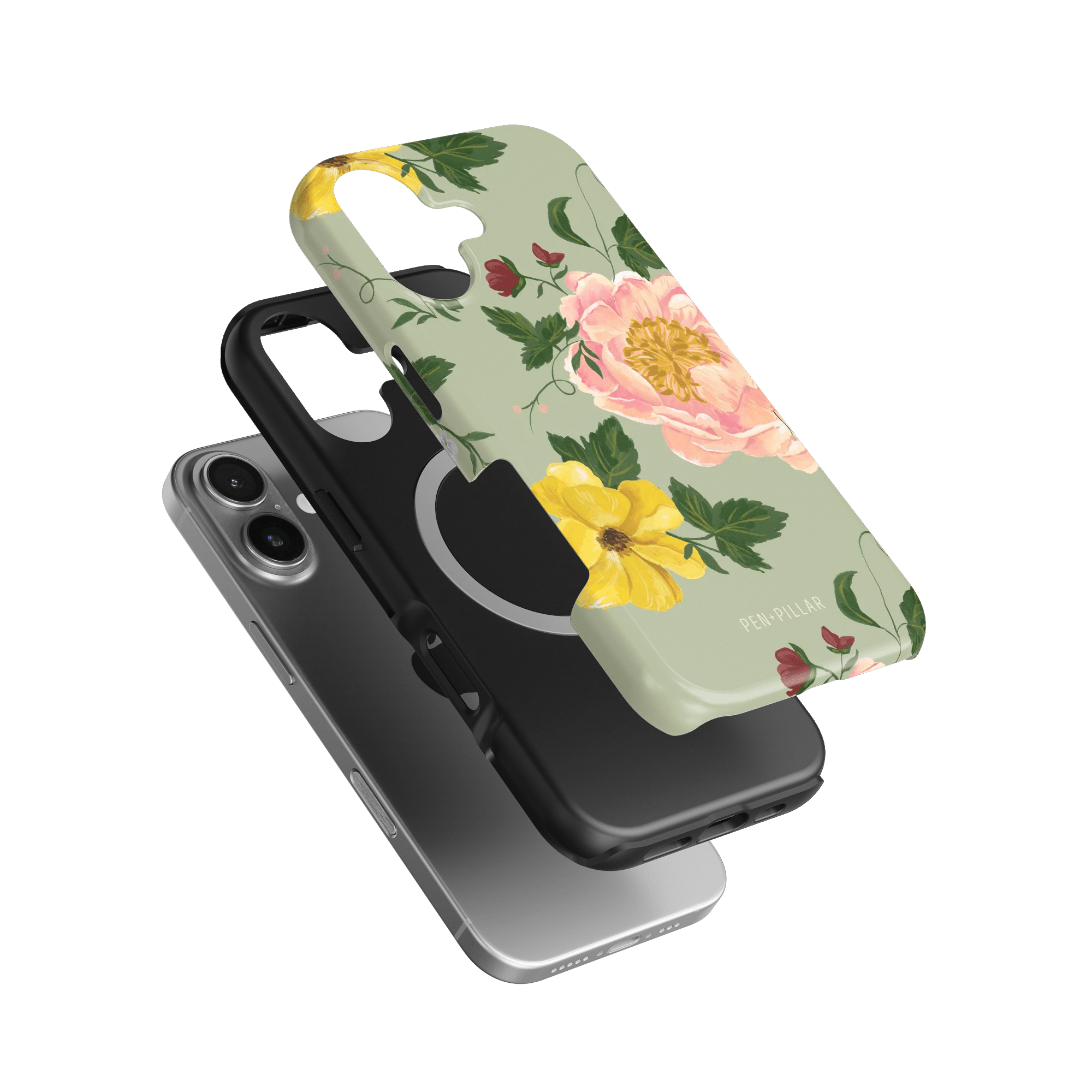 Garden Rose iPhone case featuring a floral design with pink and yellow roses on a green background, layered over a black c...