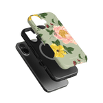 Garden Rose iPhone case featuring a floral design with pink and yellow roses on a light green background.