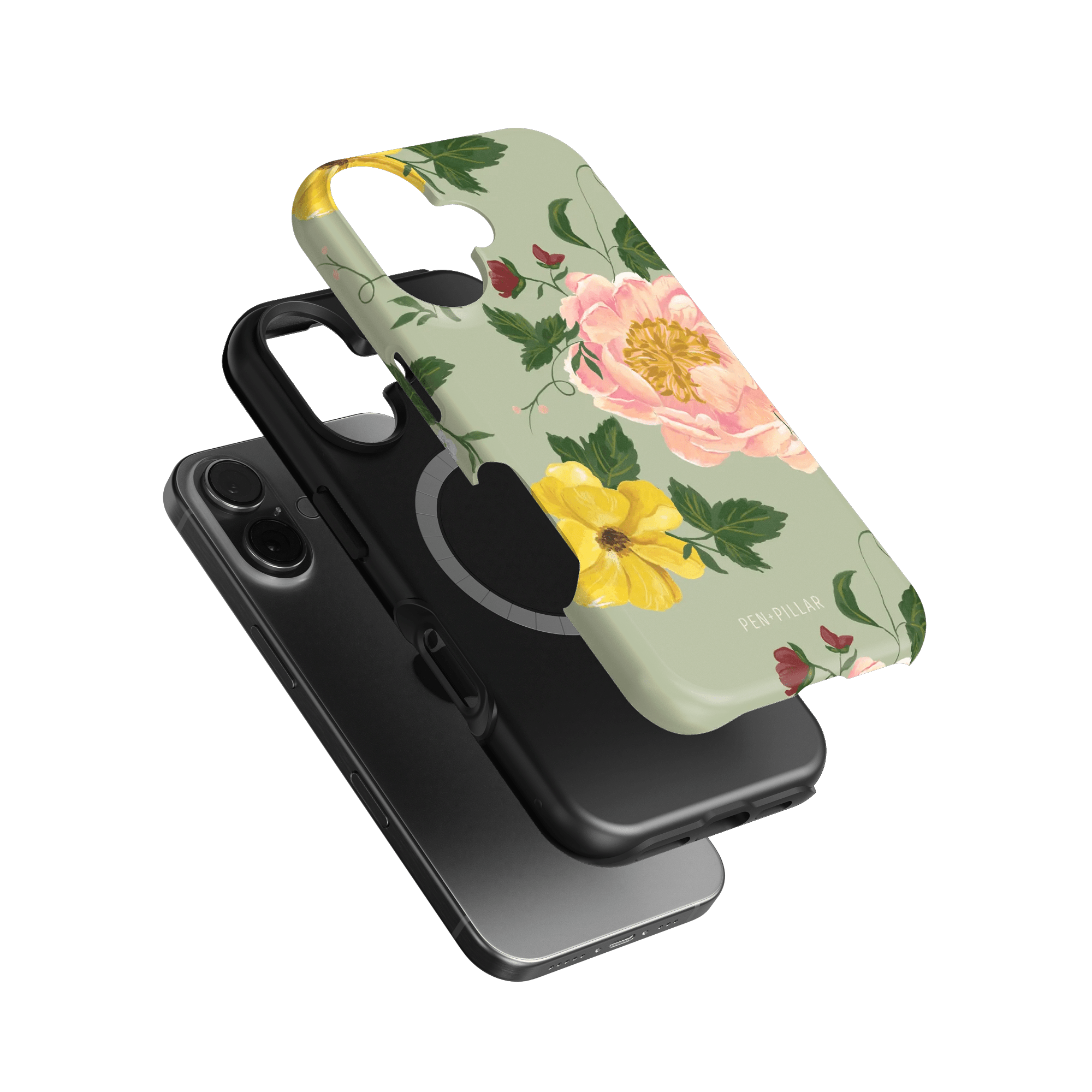 Garden Rose iPhone case featuring a floral design with pink and yellow roses on a light green background.